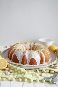 lemon pistachio bundt cake with white glaze