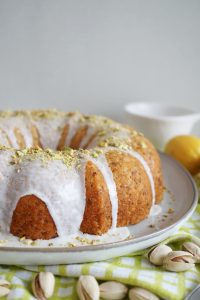 side view of cake with a white glaze