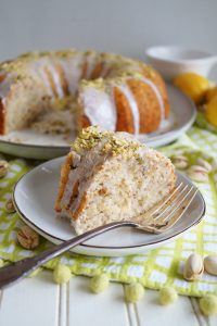 slice of lemon pistachio bundt on plate