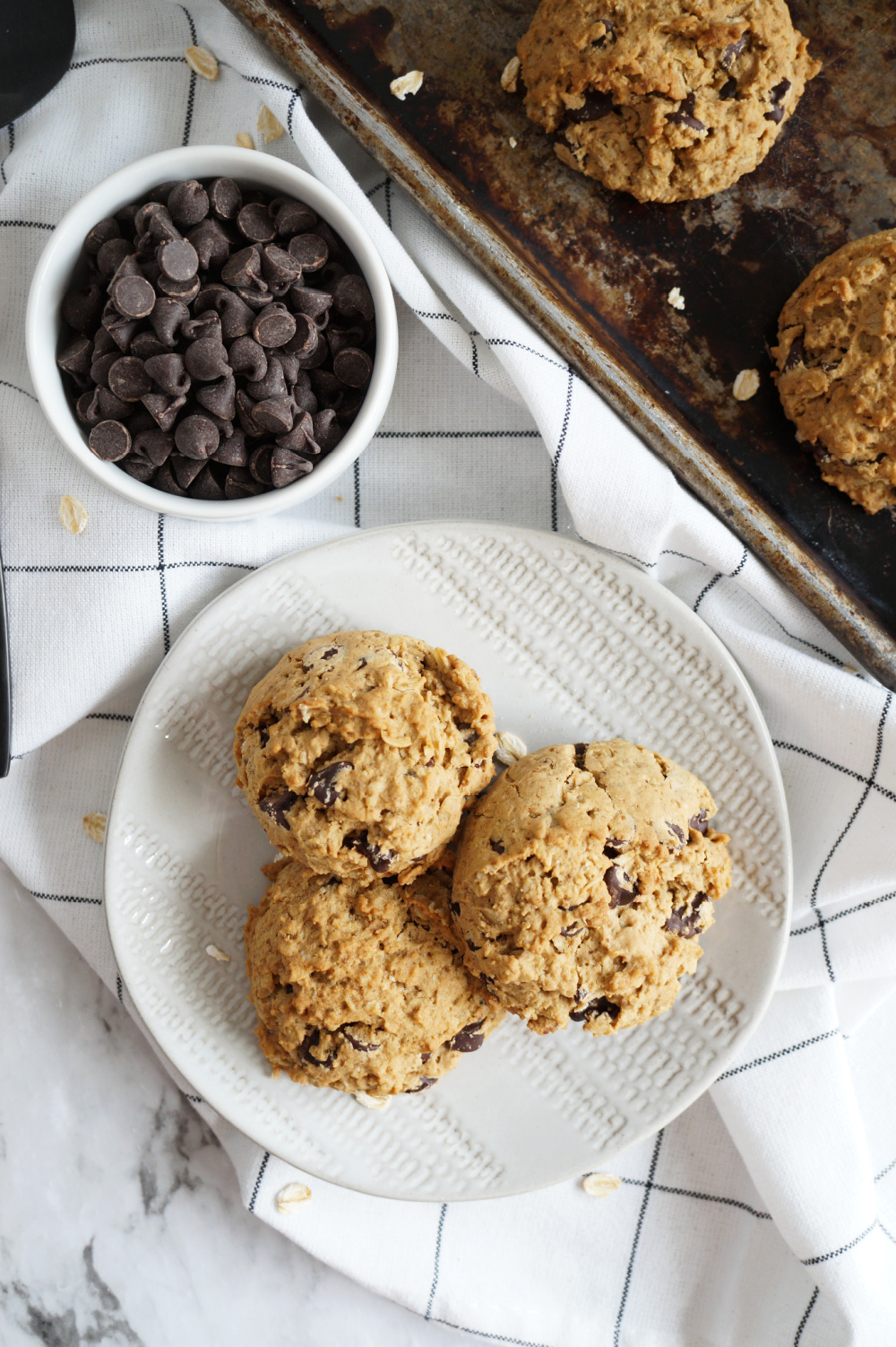 overhead shot of oatmeal chocolate chip cookies on plate