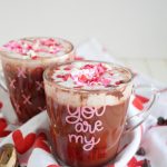 two mugs of red velvet hot cocoa