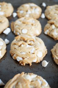 white chocolate macadamia cookie on sheetpan