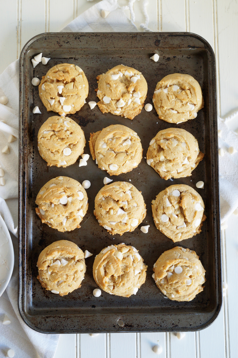 overhead shot of white chocolate macadamia cookies