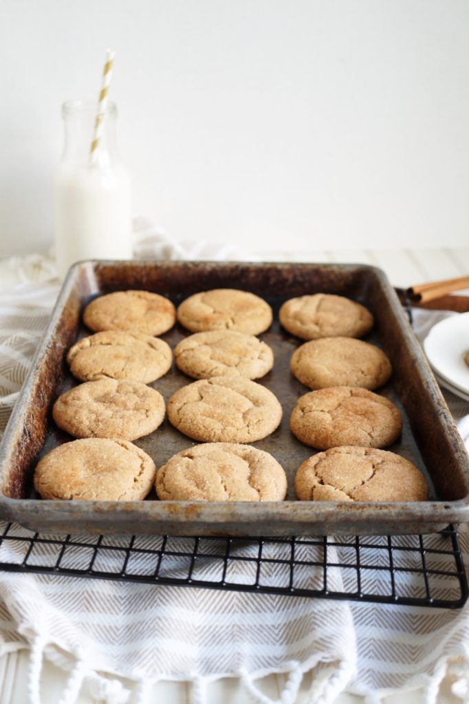 snickerdoodle cookies on a baking sheet