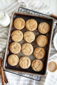 overhead shot of snickerdoodle cookies on baking pan